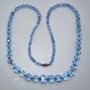 Vintage 1950s light blue AB glass beads beaded 28” graduated necklace